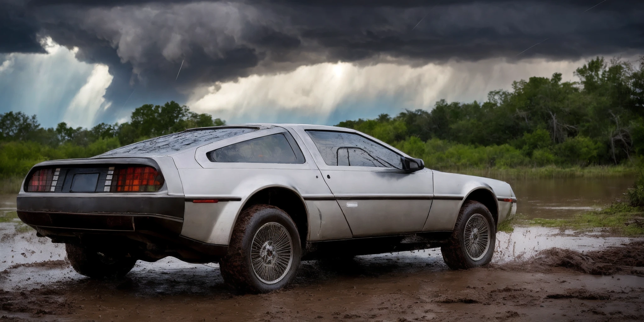 DMC12,best quality, 4k, 8k, ultra highres, raw photo in hdr, sharp focus, intricate texture, photograph of dmc12 car <lora:dmc12-000006:0.65> red body, driving through a muddy road, through a thunderstorm in the bayou, masterpiece, award winning, dramatic lighting, sharp focus, smooth, intricate details, 8k wallpaper, trending on artstation <lora:DMC12:0.9>