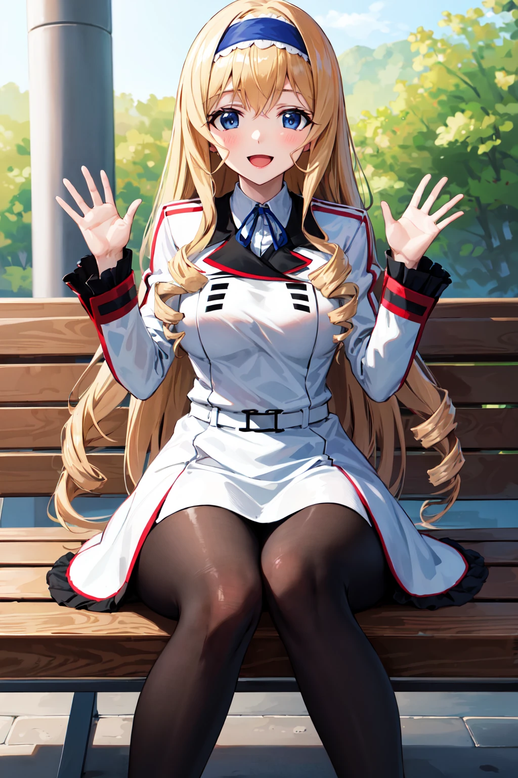 masterpiece, best quality, highres, aacecilia, very long hair, curly hair, drill hair, blue hairband, school uniform, white jacket, white dress, long sleeves, belt, black pantyhose, sitting, bench, waving, smile, open mouth, outdooors
