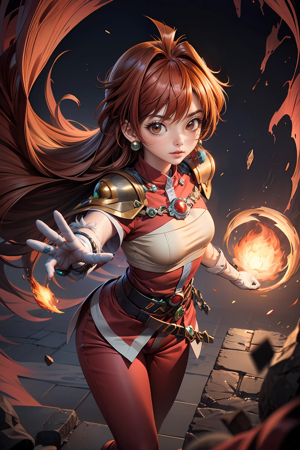 (masterpiece, best quality), 1girl, slayer_lina, orange hair,  long hair, red eyes, wearing gloves, pants, <lora:slayer_lina-10:1>, casting spell, fire and thunder, top view, looking at viewer, cinematic lighting, east asian architecture ,intricate details, dynamic pose,<lora:add_detail:0.7>