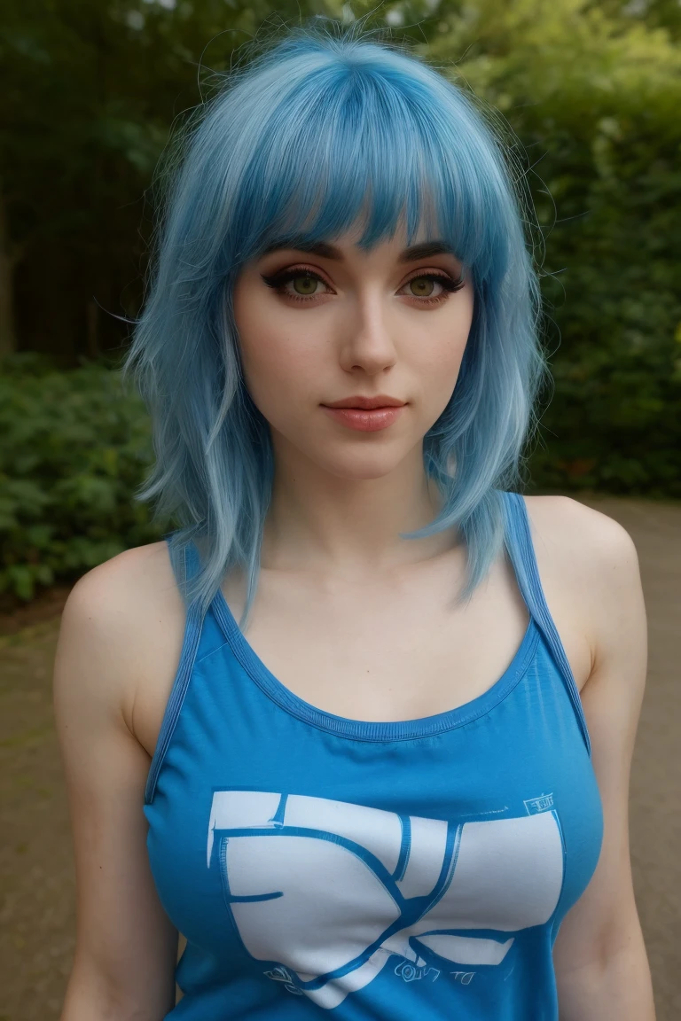 close up photo of beautiful (amrnth), wearing a funky tshirt, (fully clothed:1.2), busty, sharp focus, natural lighting, subsurface scattering, f2, 35mm, film grain, outdoors, funky blue hair, eyeliner, eye shadow, eye makeup
 <lora:Amouranthdogu_amrnth woman:0.9>