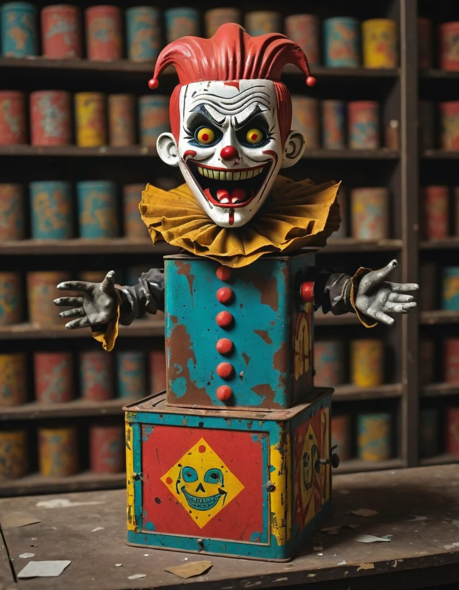 gothic style A vintage jackinthebox toy, its paint chipped and rusty from years of neglect, sits on a dusty shelf in an abandoned toy store, high contrast, vibrant colors, . dark, mysterious, haunting, dramatic, ornate, detailed, <lora:Jack-In-The-BoxXl:1>