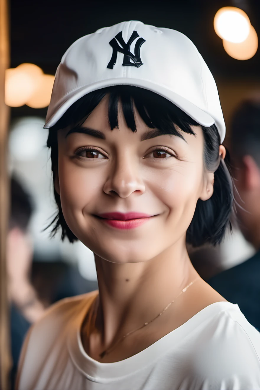<lora:chan:1> a beautiful woman, short black hair, wearing a baseball cap, smiling, white tshirt, hi detail, sharp focus, perfect lighting, awesome, dslr, 4k high quality. extra detail, extra sharp, magical, perfect moment, natural skin, pores