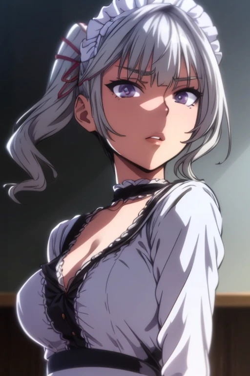 ((extremely realistic shading, masterpiece, extremely detailed, photorealistic)) <lora:xingli-10:0.9>Silver short hair, purple eyes, maid attire, white stockings
