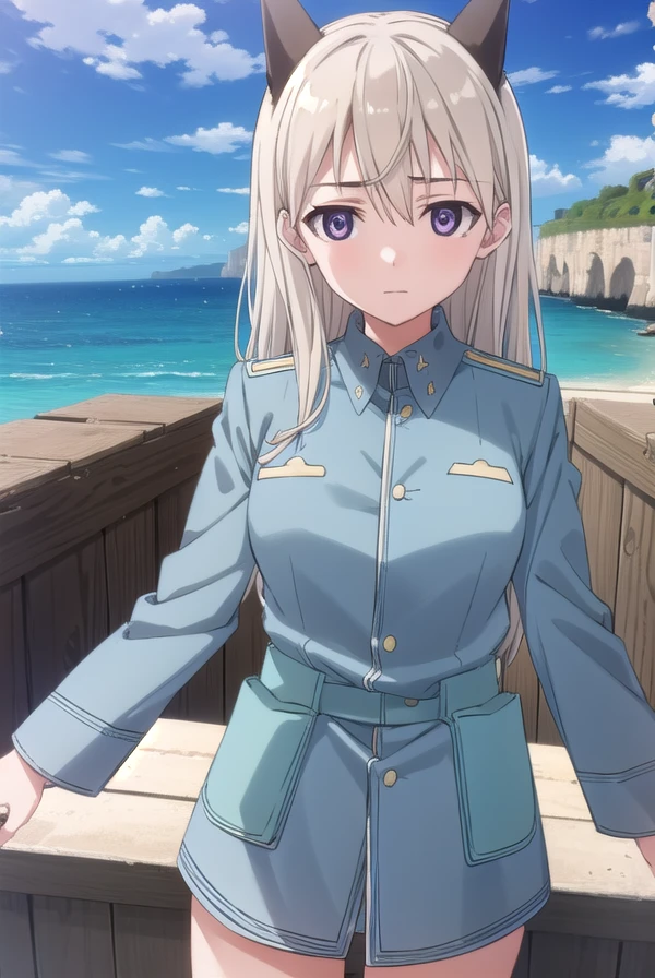 eilailmatarjuutilainen, <lora:eila ilmatar juutilainen anime-lora-nochekaiser:1>,
eila ilmatar juutilainen, long hair, (purple eyes:1.1), blonde hair, animal ears, fox ears, fox girl,
BREAK uniform, military, military uniform,
BREAK outdoors, ship, ocean, sun, sky, clouds,
BREAK looking at viewer, (cowboy shot:1.5),
BREAK <lyco:GoodHands-beta2:1>, (masterpiece:1.2), best quality, high resolution, unity 8k wallpaper, (illustration:0.8), (beautiful detailed eyes:1.6), extremely detailed face, perfect lighting, extremely detailed CG, (perfect hands, perfect anatomy),