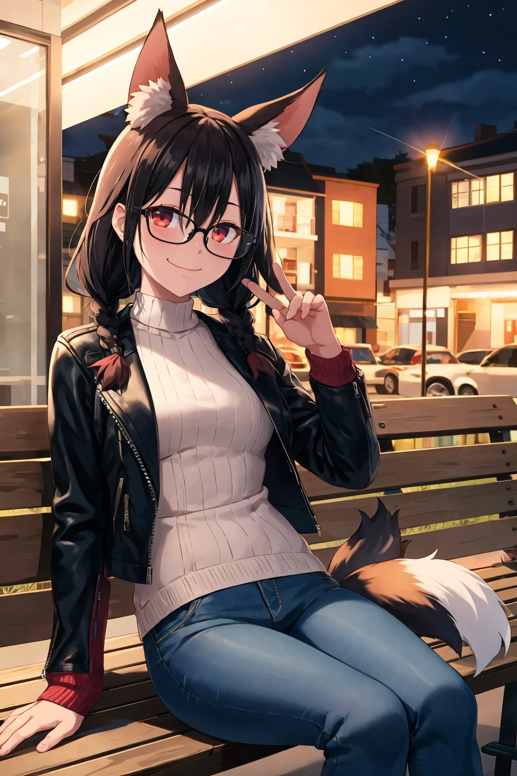 1girl, solo, sidelocks, twinbraids, black hair, red eyes, smug, smirk, glasses, sitting, bench, partk, at night, long hair, white sweater, leather jacket, black jacket, fox girl, fox ears, fox tail, jeans, black tail, skindentation  <lora:Hiroshi-Style-RC_beta:1>