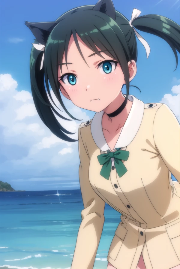 francescalucchini, <lora:francesca lucchini anime-lora-nochekaiser:1>,
francesca lucchini, black hair, ribbon, animal ears, twintails, (green eyes:1.3), hair ribbon, choker, fang, cat ears, cat girl,
BREAK uniform, military, military uniform,
BREAK outdoors, ship, ocean, sun, sky, clouds,
BREAK looking at viewer, (cowboy shot:1.5),
BREAK <lyco:GoodHands-beta2:1>, (masterpiece:1.2), best quality, high resolution, unity 8k wallpaper, (illustration:0.8), (beautiful detailed eyes:1.6), extremely detailed face, perfect lighting, extremely detailed CG, (perfect hands, perfect anatomy),