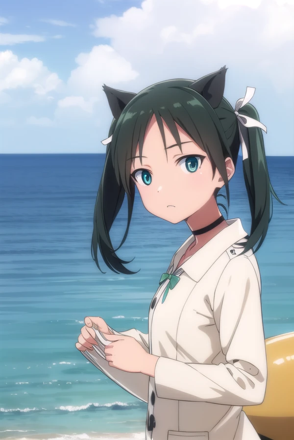 francescalucchini, <lora:francesca lucchini anime-lora-nochekaiser:1>,
francesca lucchini, black hair, ribbon, animal ears, twintails, (green eyes:1.3), hair ribbon, choker, fang, cat ears, cat girl,
BREAK uniform, military, military uniform,
BREAK outdoors, ship, ocean, sun, sky, clouds,
BREAK looking at viewer, (cowboy shot:1.5),
BREAK <lyco:GoodHands-beta2:1>, (masterpiece:1.2), best quality, high resolution, unity 8k wallpaper, (illustration:0.8), (beautiful detailed eyes:1.6), extremely detailed face, perfect lighting, extremely detailed CG, (perfect hands, perfect anatomy),