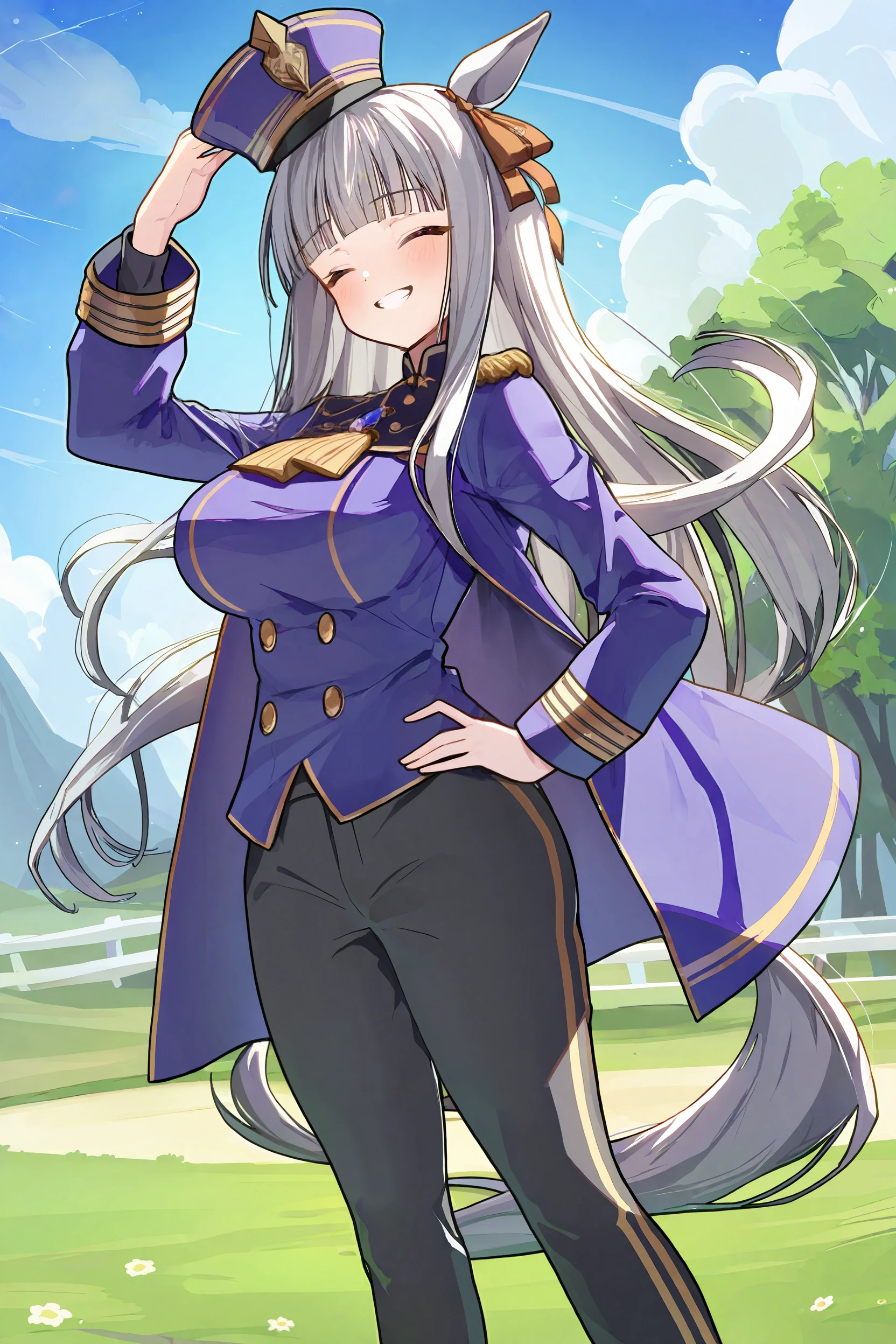 by ningen mame, best quality, beautiful color, 1girl, horse girl, gold ship \(umamusume\), solo, looking at viewer, standing, grin, horse ears, horse tail, purple eyes, one eye closed, long hair, grey hair, blunt bangs, breasts, hat, black pants, coat, long sleeves, ribbon, arms behind back, armband, blue sky, outdoors, cloud