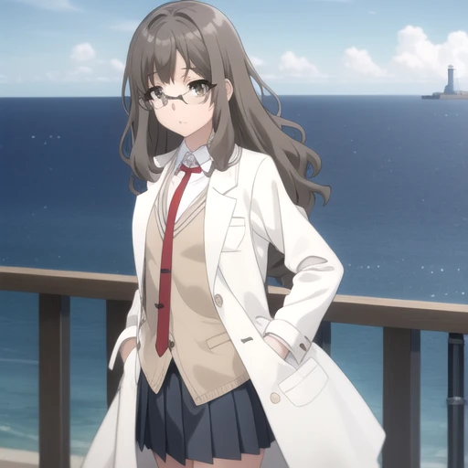((masterpiece)),(best quality),official art,extremely detailed CG,unity 8k wallpaper,ultra detailed,A lighthouse on a cliff by the sea,1girl,solo,upper body,long_hair,glasses,labcoat,school_uniform,hands_in_pockets,brown_hair,red_necktie,rimless_eyewear,brown_eyes,collared_shirt,pleated_skirt,black_skirt,white_shirt,brown vest,bangs,white socks,loafers,<lora:Futaba Rio(sby)>,