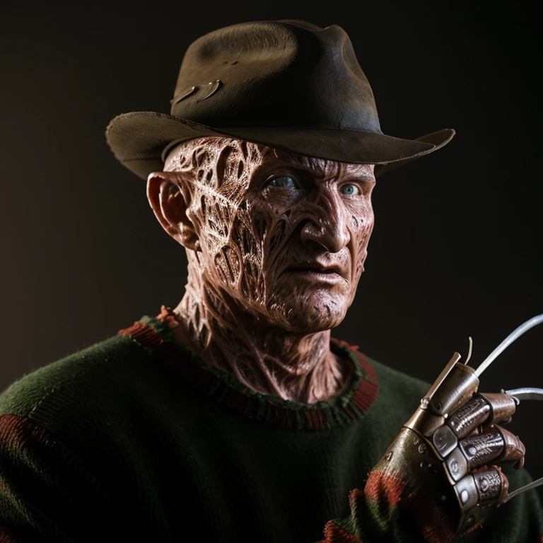 cinematic film still of <lora:freddy krueger 1984 SD1.5:1.2>
Freddy Krueger a painting of a man with a hat and a striped shirt from A Nightmare on Elm Street movie with glove made of knives, shallow depth of field, vignette, highly detailed, high budget, bokeh, cinemascope, moody, epic, gorgeous, film grain, grainy
