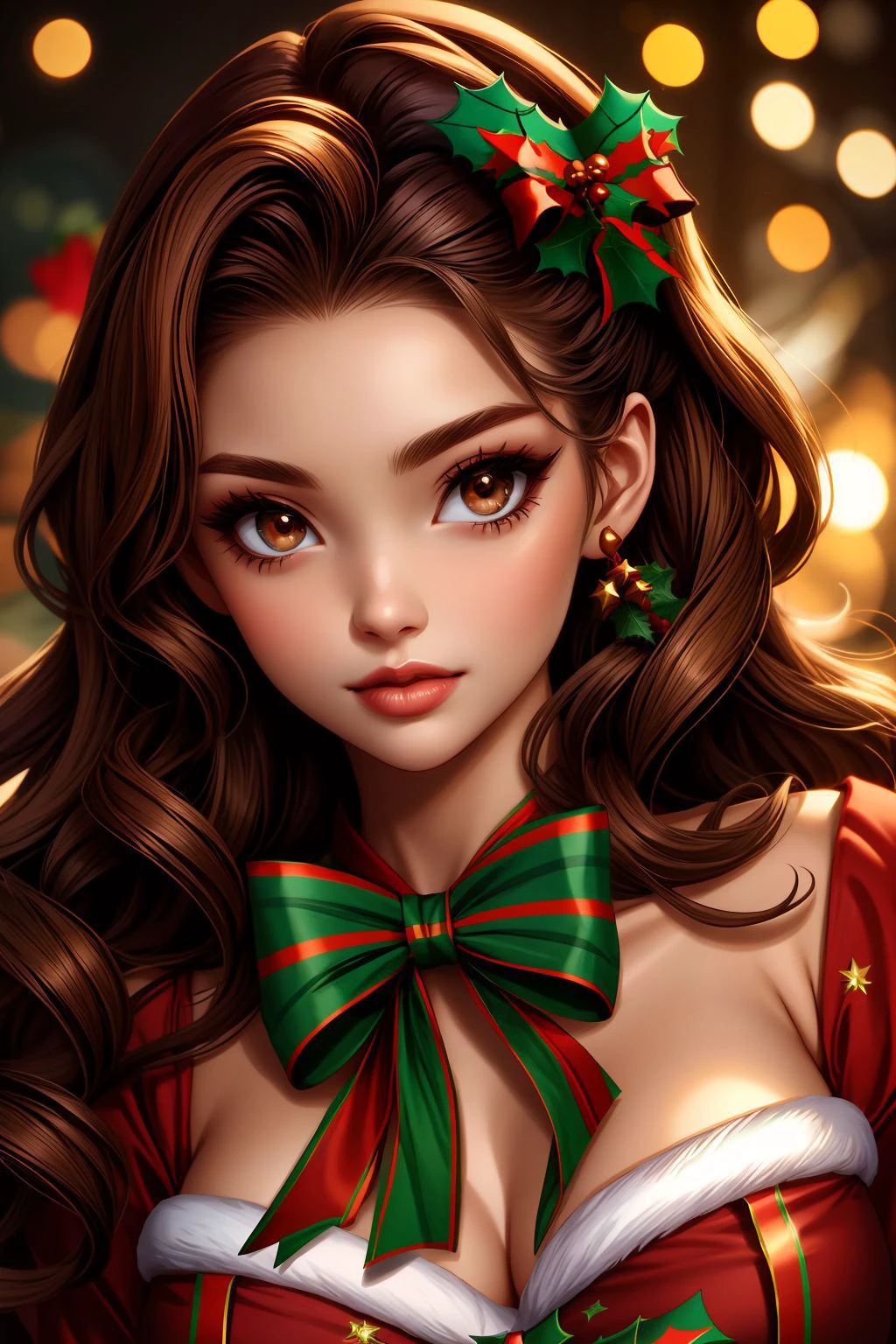 woman, long curly brown hair, brown eyes, christmas pinup <lora:Christmas Pin up_v1:1>