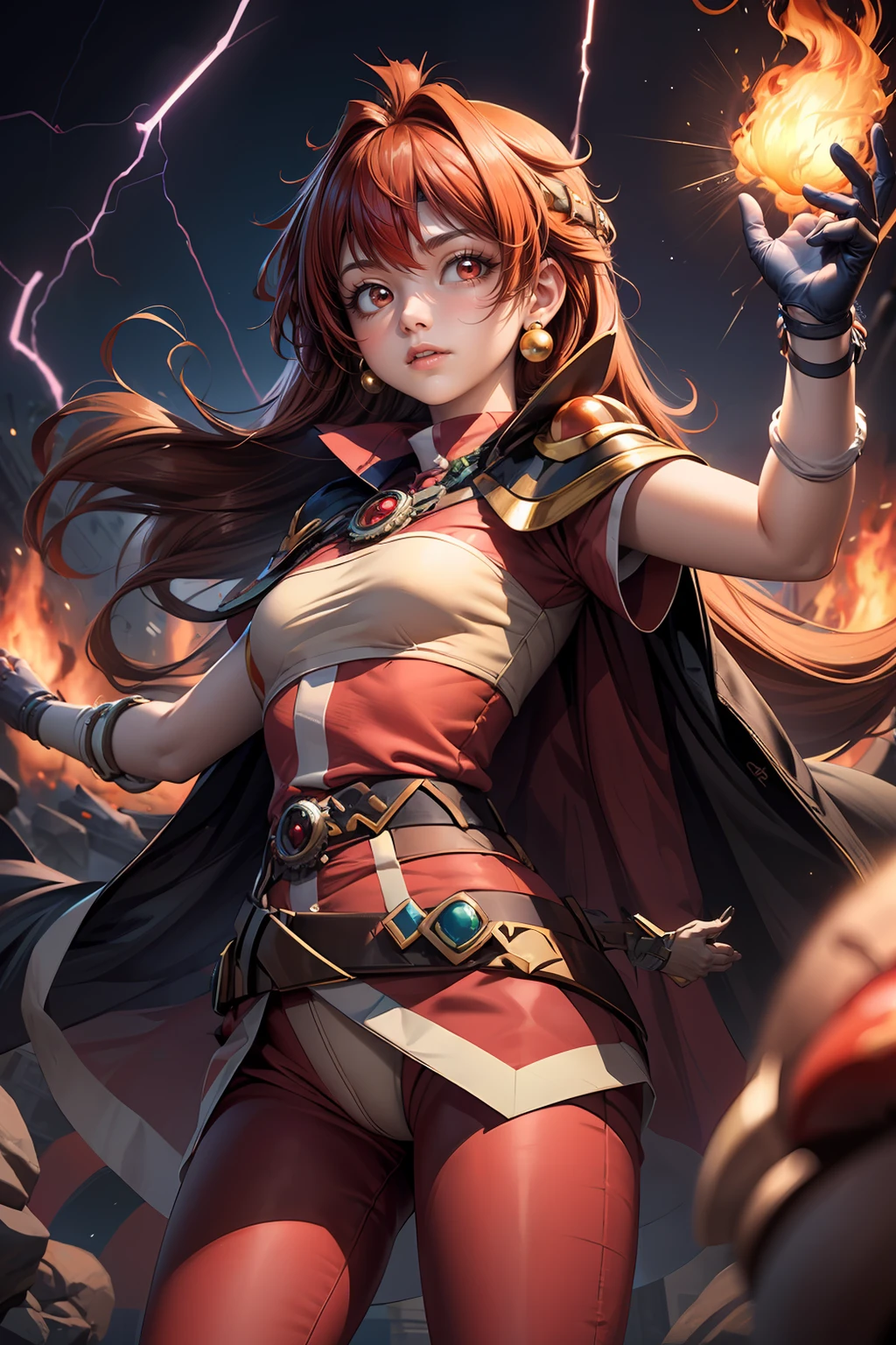 (masterpiece, best quality), 1girl, slayer_lina, orange hair, long hair, red eyes, wearing gloves, pants, <lora:slayer_lina-10:1>, medium shot, looking at viewer, casting spell, fire and thunder, east asian architecture ,intricate details, dynamic pose,<lora:add_detail:0.7>