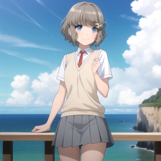 ((masterpiece)),(best quality),official art,extremely detailed CG,unity 8k wallpaper,ultra detailed,A lighthouse on a cliff by the sea,1girl,solo,cowboy shot,grey_skirt,short_hair,sweater_vest,school_uniform,white_socks,white_shirt,brown_hair,pleated_skirt,short_sleeves,hair_ornament,looking_at_viewer,smile,hairclip,blush,bangs,grey_eyes,blue_eyes,red_necktie,<lora:Koga Tomoe(sby)>,