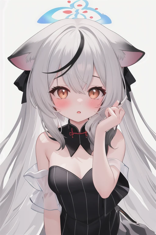 best quality, masterpiece, highres, solo, {chunyuan:1.15}, long_hair, animal_ears, black_hair, grey_hair, multicolored_hair, halo, streaked_hair, blush, bangs, breasts, small_breasts, brown_eyes, very_long_hair, striped, vertical_stripes, hair_between_eyes, 1girl, black_dress, dress, looking_at_viewer, sleeveless, striped_dress, simple_background, skirt, vertical-striped_dress, white_background, white_skirt, frilled_skirt, parted_lips, bare_shoulders, sleeveless_dress