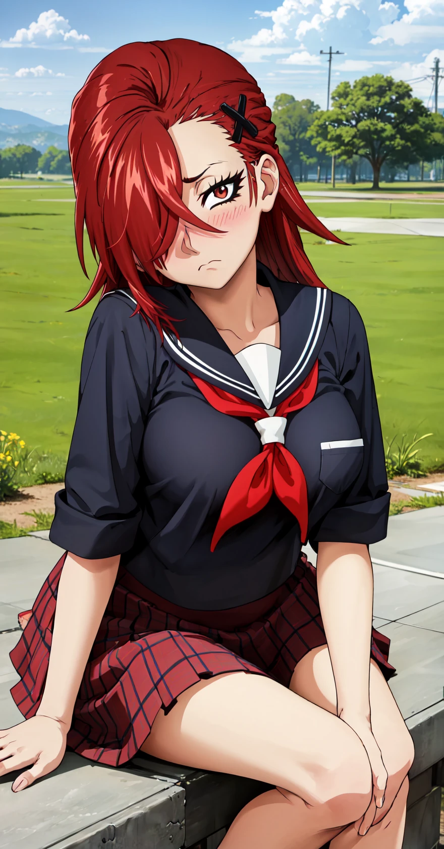 masterpiece, best quality, highres, detailed beautiful face,
1girl, solo, looking at viewer, sitting, leaning forward, head tilt, wavy hair, red eyes, red hair, long hair, frown, hair over one eye, x hair ornament, breasts, large breasts,
school uniform, serafuku, seifuku, pleated skirt,
<lora:LoRA_Yui:1>, blush, field, grass, forest, sunlight, cloudy,