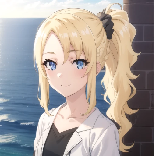 ((masterpiece)),(best quality),official art,extremely detailed CG,unity 8k wallpaper,ultra detailed,A lighthouse on a cliff by the sea,1girl,solo,upper body,(portrait:1.2),blonde_hair,hair_scrunchie,blue_eyes,scrunchie,smile,looking_at_viewer,collarbone,closed_mouth,short_shorts,side_ponytail,short_sleeves,parted_bangs,black_shirt,bangs,hair_ornament,open_clothes,white_jacket,blush,black_scrunchie,braid,long_hair,sidelocks,<lora:Toyohama Nodoka(sby)>,