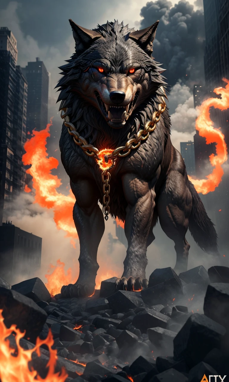 fenrir2023, 1 giant wolf over new york city, smoke, fog, flames, Ragnarok, gold chains, glowing eyes, sharp teeth,  8k, uhd, masterpiece, detailed, chained, trending on artstation, 4 legs,