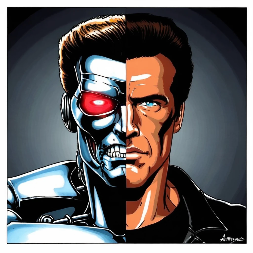 masterpiece,solo,The Terminator,cartoon of a man,human, twofaces, <lora:twoface2:0.85>,Arnold Schwarzenegger,T-800