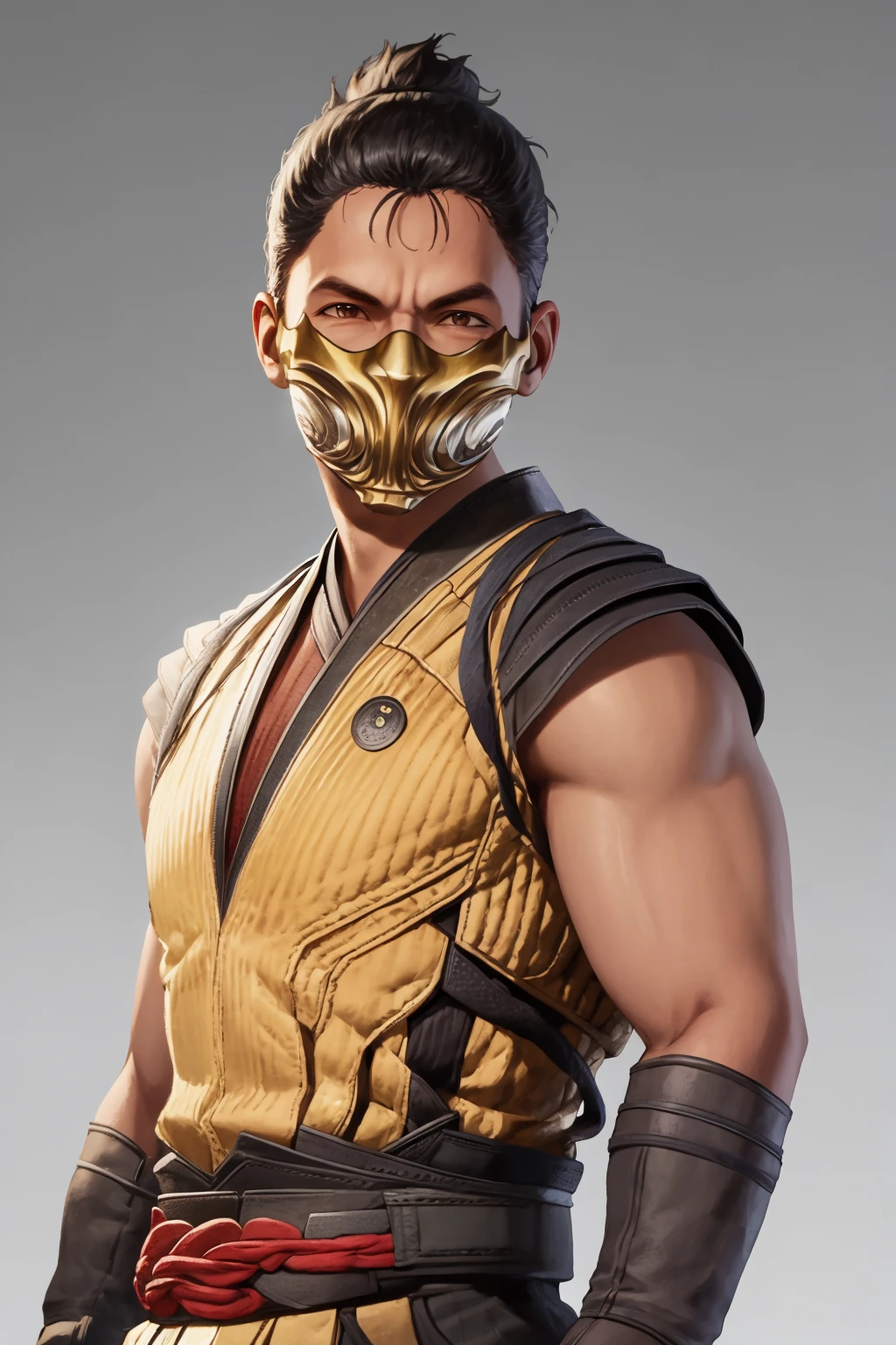 masterpiece, best quality, 1boy, mkscorpion, black hair,  mask, sleeveless, upper body, smile, solo, looking at viewer, simple background <lora:ScorpionMK1:1>