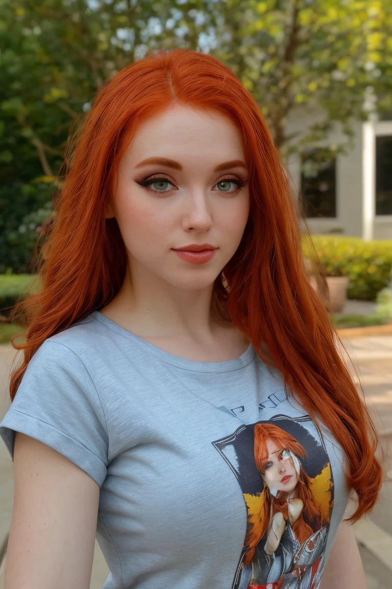 close up photo of beautiful (amrnth), wearing a funky tshirt, (fully clothed:1.2), busty, sharp focus, natural lighting, subsurface scattering, f2, 35mm, film grain, outdoors, red ginger hair, eyeliner, eye shadow, eye makeup
 <lora:Amouranthdogu_amrnth woman:0.9>