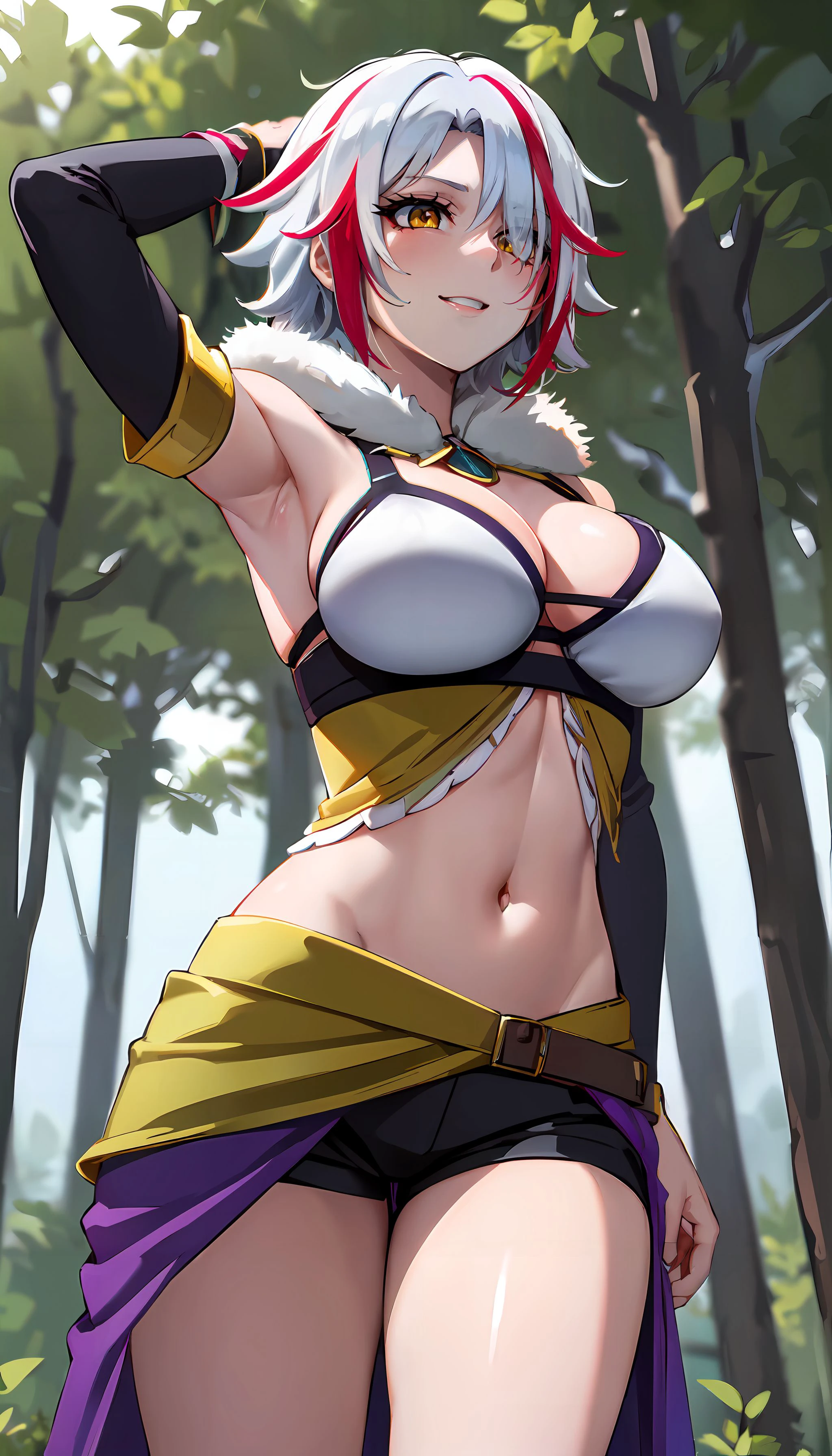 photorealistic, (4k), depth of field, (Masterpiece), (realistic skin texture), extremely detailed, intricate, hyper detailed, professional photography, bokeh, high resolution, sharp detail, best quality, woman, white hair, streaked hair, hair covering one eye, metal bra, detached sleeves, bare shoulders, fur trim, (purple waist cape), black shorts, yellow eyes <lora:Sofia_Bulga:0.7> , arms up , <lora:BetterFeet:0.8> , <lora:GoodHands-vanilla:0.8> , outdoors, forest, summer day, happy, (spruce forest:1.5), wide shot, from below,