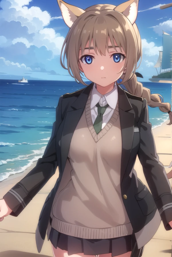 lynettebishop, <lora:lynette bishop anime-lora-nochekaiser:1>,
lynette bishop, long hair, blue eyes, brown hair, animal ears, braid, ahoge, cat ears, single braid, cat girl,
BREAK necktie, sweater vest, jacket, black jacket, long sleeves,
BREAK outdoors, ship, ocean, sun, sky, clouds,
BREAK looking at viewer, (cowboy shot:1.5),
BREAK <lyco:GoodHands-beta2:1>, (masterpiece:1.2), best quality, high resolution, unity 8k wallpaper, (illustration:0.8), (beautiful detailed eyes:1.6), extremely detailed face, perfect lighting, extremely detailed CG, (perfect hands, perfect anatomy),