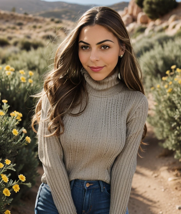 <m3dc2>m3dc2 , close portrait photo, outdoor, sardegna, Flowers, Turtleneck, jeans