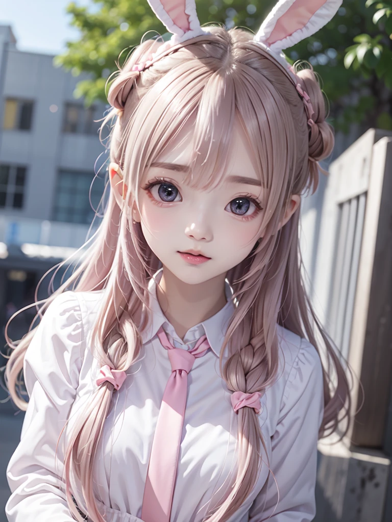 ygirl,(detailed outdoor), <lora:yuzurihagirl:0.5> ichiban iiewo tanomu,(highly detailed image of the cute girl in city),vibrant,petite girl,(pink ultra long wavy hair), ð³,ahoge,(pink braided bun hair with bunny ears),aqua eyes,(pointy ears),look at viewer,((school uniform:1.2))