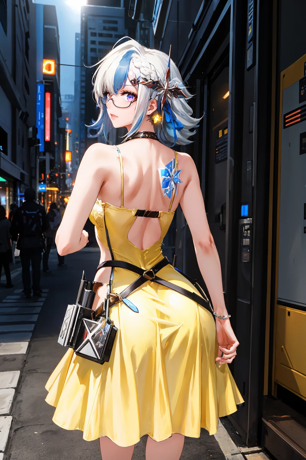 masterpiece, best quality, <lora:plotti-nvwls-v1-000010:0.9> plotti, heterochromia, multicolored hair, hair ornament, glasses, (yellow sundress:1.4), garden, from behind, cyberpunk