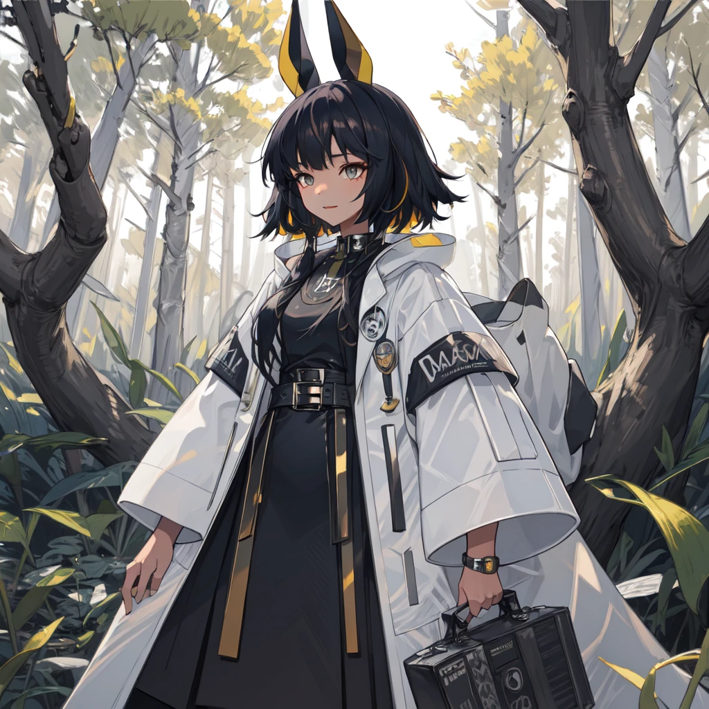 masterpiece, best quality, 1girl,white coat,black dress, forest,