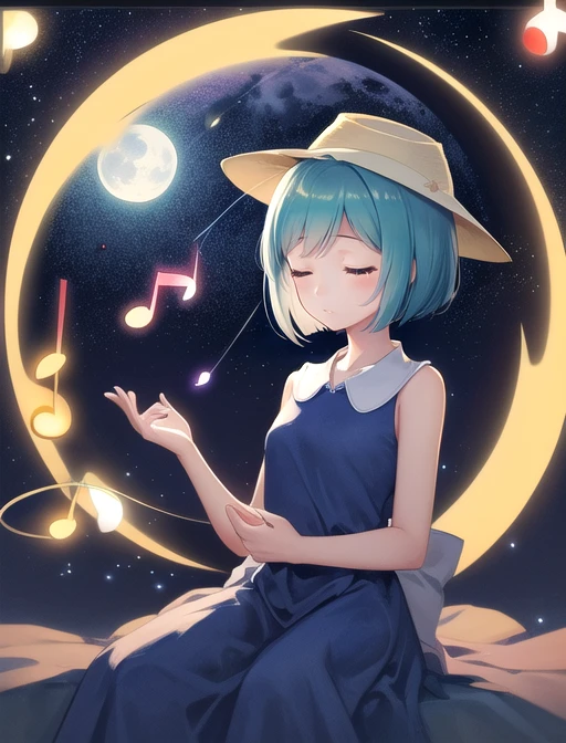 best quality, masterpiece, highres, detailed, digital artwork, <lora:Detail - add_detail:0.2>, MintPop, aqua hair, bob cut, blue dress, white collar, yellow hat, <lora:Character - MintPop:0.8>, night, moon, stars, milky way, relaxing, closed eyes, musical notes,