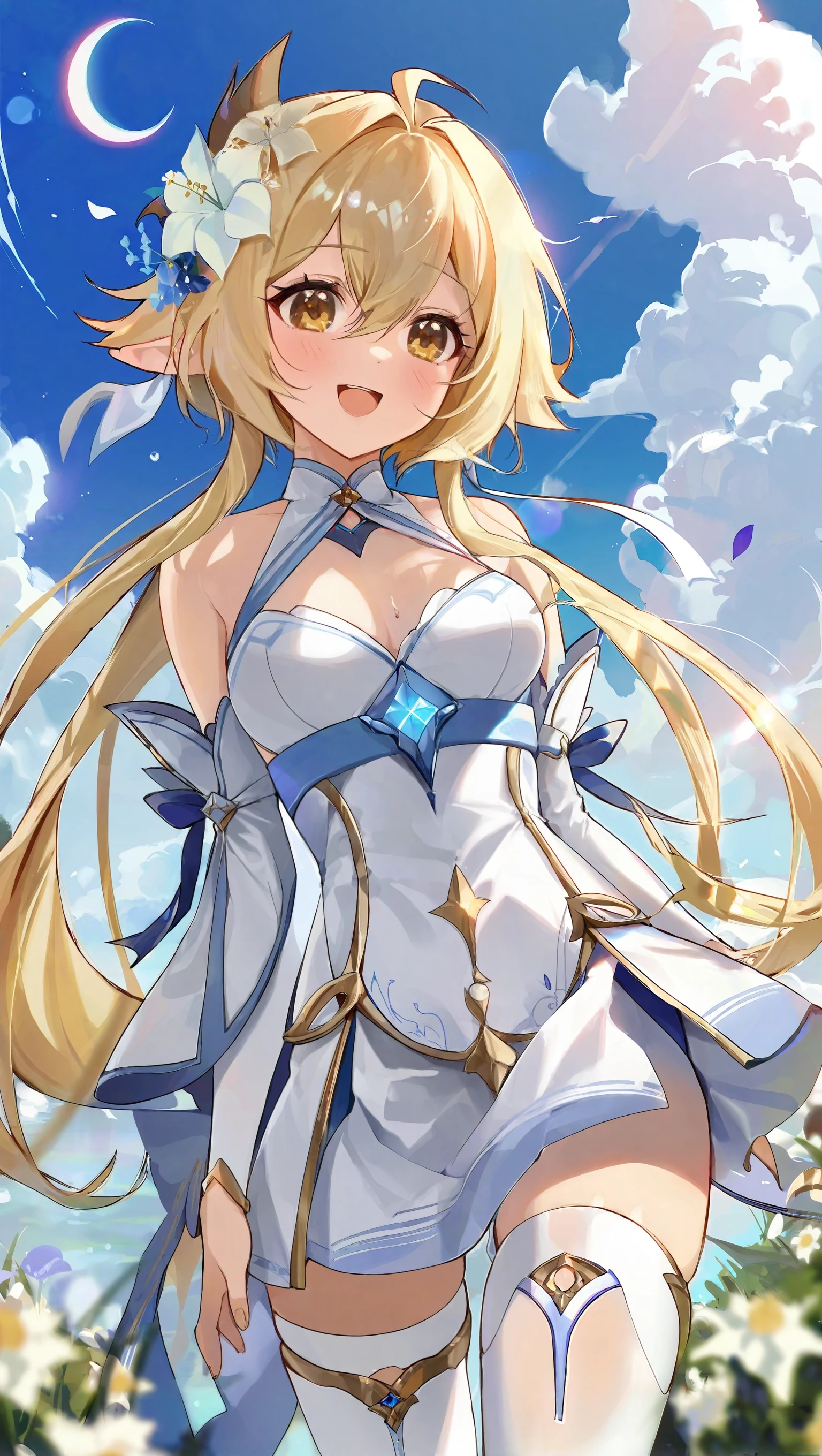 by rhtkd, best quality, 1girl, lumine \(genshin impact\), solo, looking away, standing, smile, blush, open mouth, yellow eyes, hair between eyes, blonde hair, short hair with long locks, hair flower, bangs, medium breasts, cleavage, white legwear, white dress, white thighhighs, detached sleeves, bare shoulders, blue sky, outdoors, cloud, wind, day, white flower