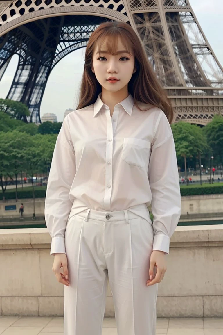 <lora:aniki_lin_obj20:0.6 >, full_body, standing, sandals, (shirt), pants, (eiffel tower), (aniki_lin: 1.2), perfect face, (contact iris: 1.1), pale skin, skin pores , depth of field