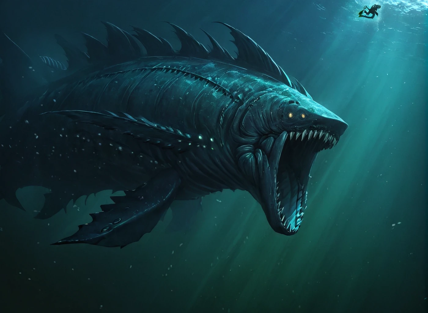 <lora:Leviathan_XL:1> leviathan a sea monster, underwater, under the ocean, depths, (masterpiece), best quality, highres, 4k, 8k, intricate detail, cinematic lighting, amazing quality, amazing shading, soft lighting, gloomy colors, dark aura, horror