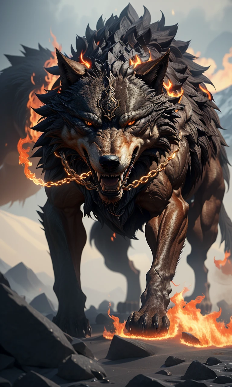 fenrir2023, 1 giant wolf, smoke, fog, flames, Ragnarok, gold chains, glowing eyes, sharp teeth, fantasy setting, 8k, uhd, masterpiece, detailed, chained, trending on artstation, 4 legs, Vikings