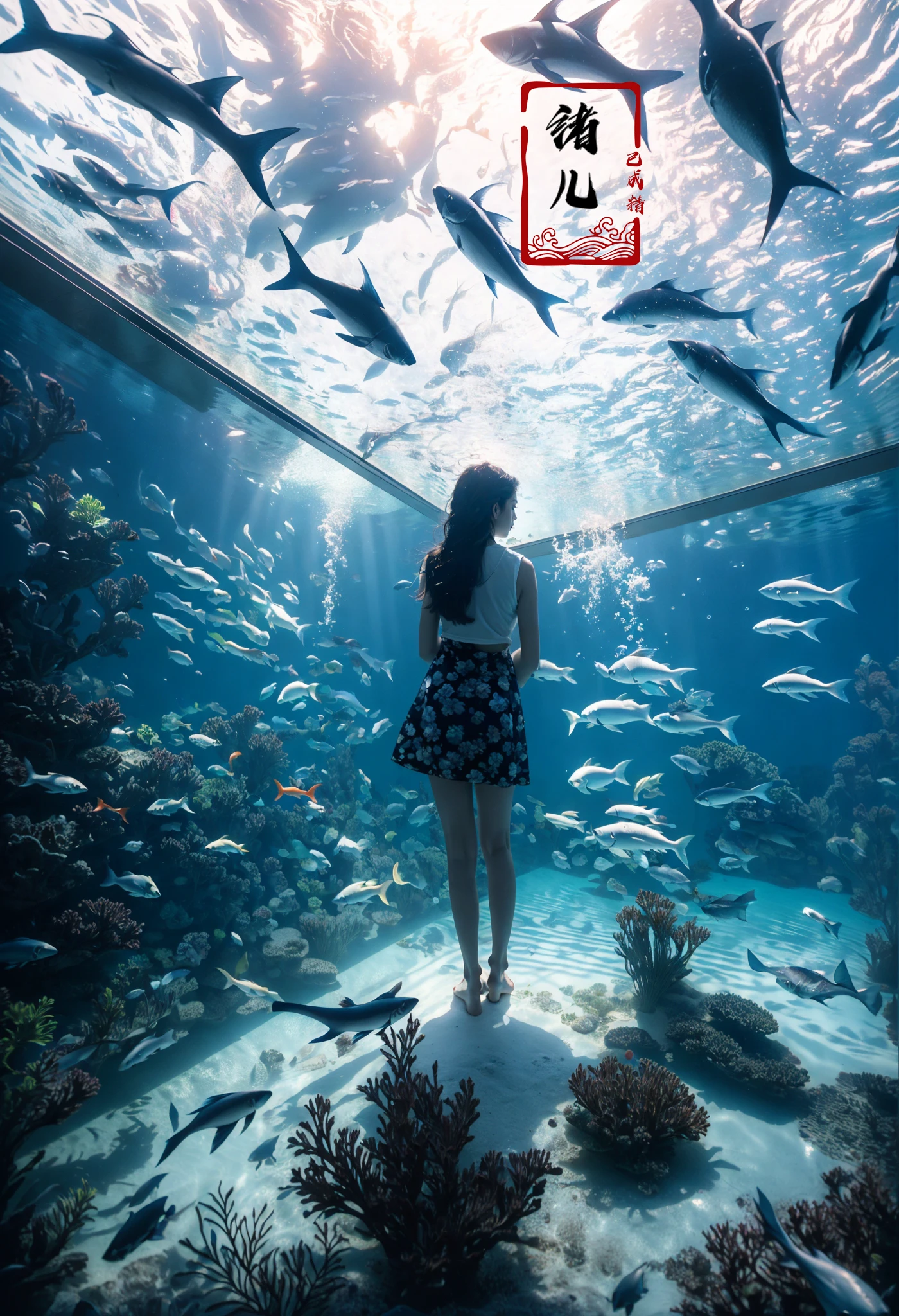 fish, long hair, 1girl, solo, scenery, black hair, aquarium, underwater, water, plant, window, bubble, standing,
<lora:~Q?-mw^NuL Underwater world:0.8>