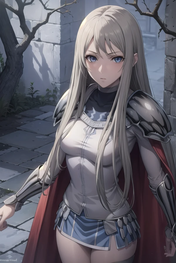 claymoregalatea, <lora:claymore galatea-lora-nochekaiser:1>,
galatea, long hair, blonde hair, very long hair, (grey eyes:1.5),
BREAK boots, cape, armor, knee boots, grey skin,
BREAK outdoors,
BREAK looking at viewer, (cowboy shot:1.5),
BREAK <lyco:GoodHands-beta2:1>, (masterpiece:1.2), best quality, high resolution, unity 8k wallpaper, (illustration:0.8), (beautiful detailed eyes:1.6), extremely detailed face, perfect lighting, extremely detailed CG, (perfect hands, perfect anatomy),