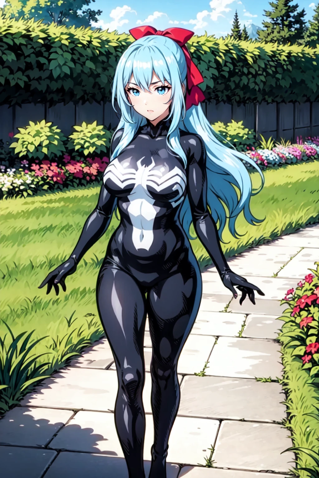 standing BREAK sgliselotte, long hair, blue hair, blue eyes, sidelocks BREAK red bow, hair bow, she venom, black bodysuit BREAK garden field <lora:liselotte-sd15-6-000007:0.8> <lora:She Venom LoCon:0.8>