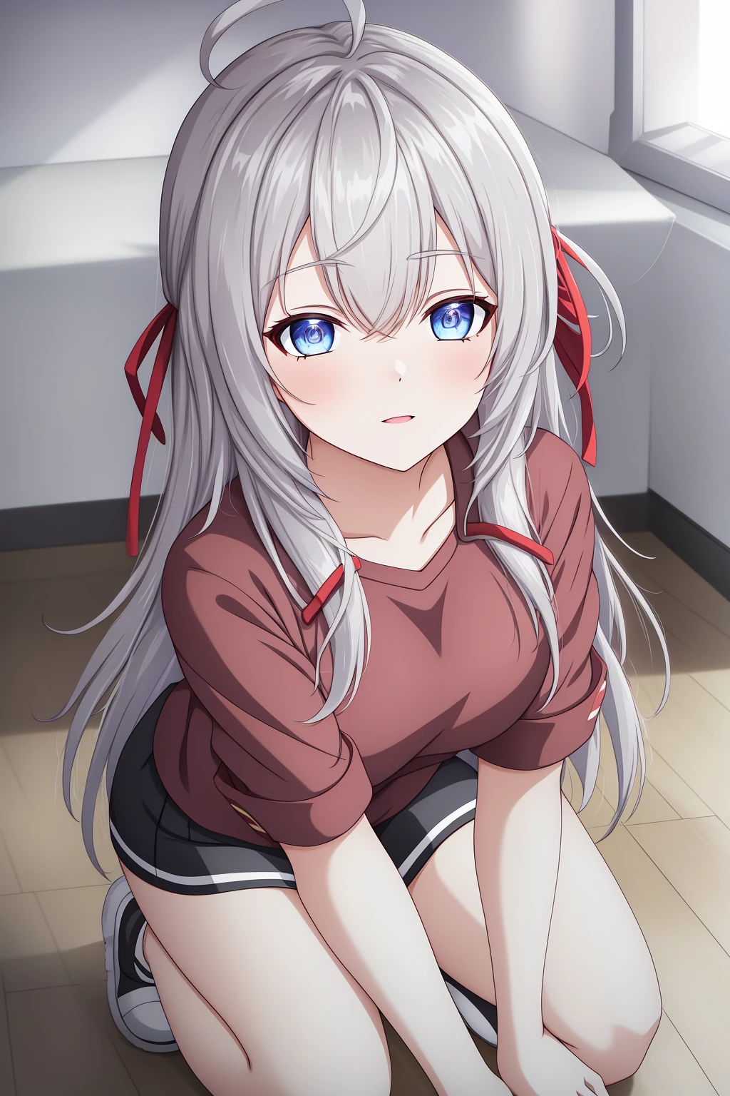 alisa,1girl,solo,long_hair,looking_at_viewer,bangs,blue_eyes,hair_between_eyes,hair_ribbon,ahoge,grey_hair,kneeling,from_above,looking_up,red_shirt