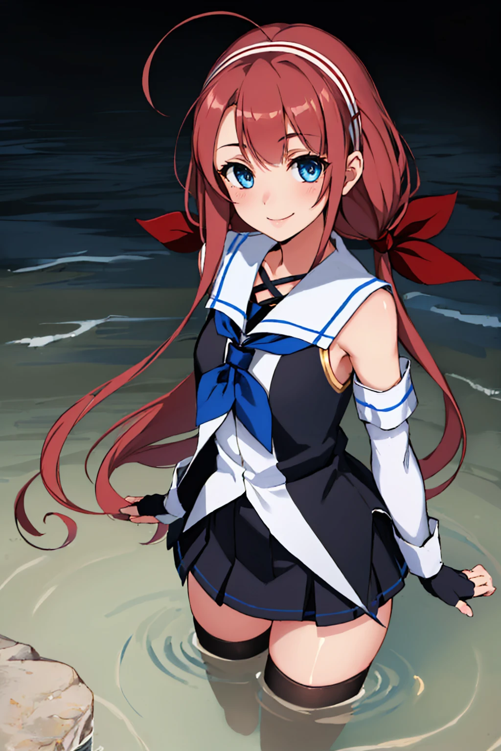 (masterpiece, best quality:1.2), solo, 1girl, kawakazedef, smile, looking at viewer, wading, ahoge, low twintails, hair ribbon, hairband, school uniform, sleeveless shirt, neckerchief, elbow gloves, fingerless gloves, black skirt, thighhighs <lora:kancolle_kawakaze-17:1>