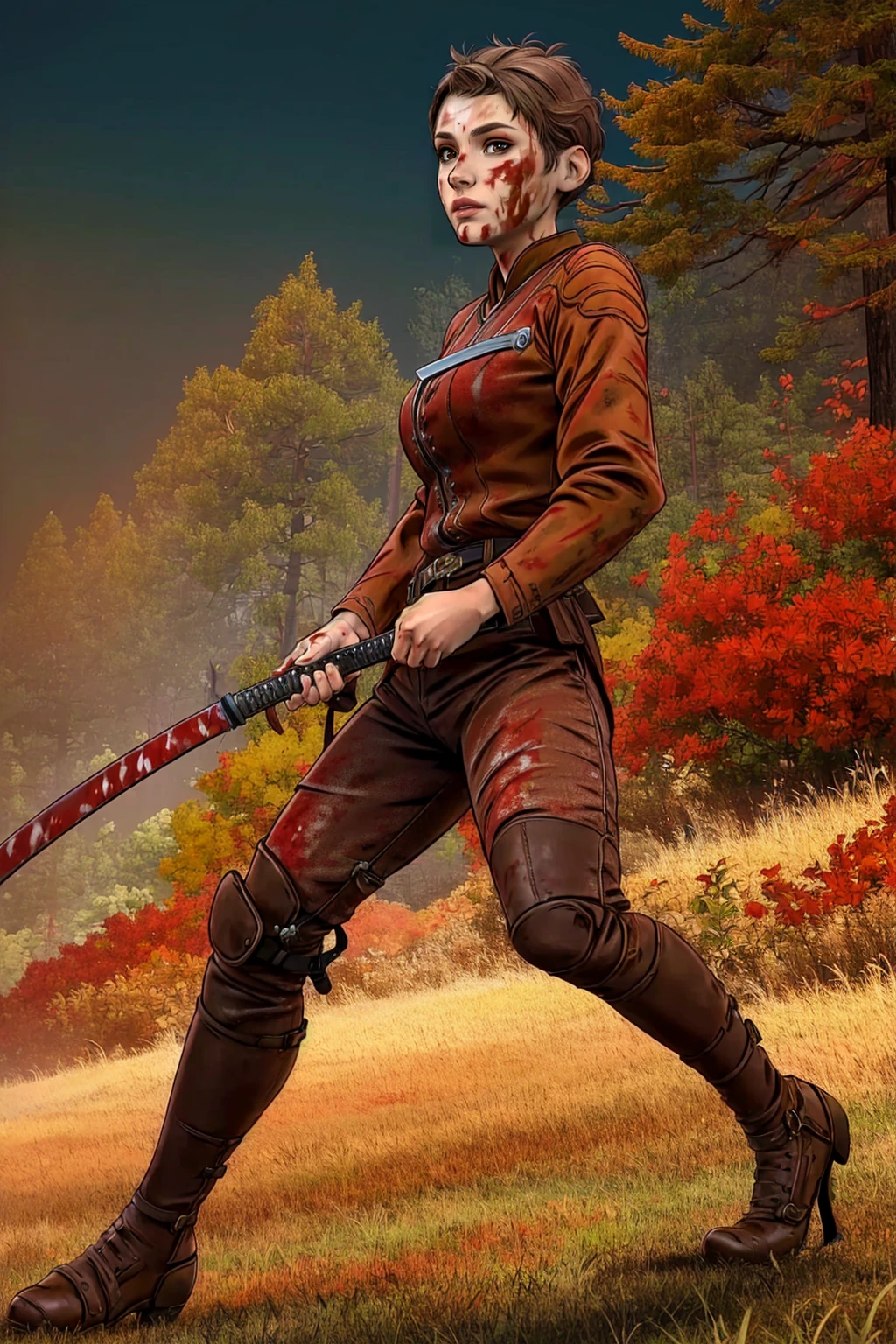 Jane,brown hair,short hair, (insanely detailed, beautiful detailed face,beautiful detailed eyes,full body, masterpiece, best quality),solo, <lora:JaneTWDv1.1:0.8>,blood on face, blood on clothes, action pose, holding katana, katana
