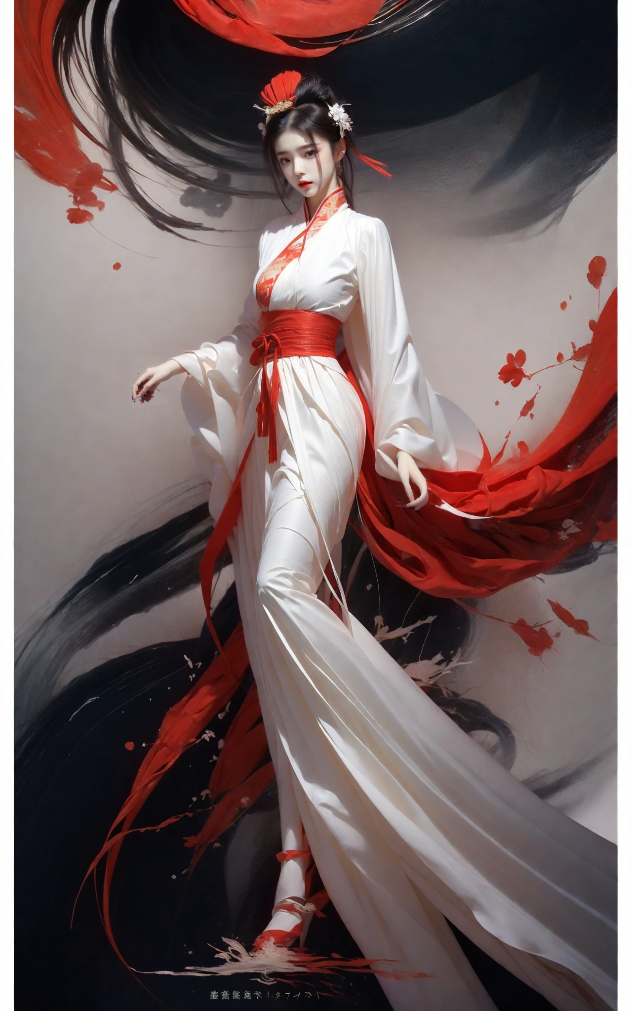 Ink painting, ink painting, splash-ink, ink splash, calligraphy, Chinese characters, Chinese character background
(Red crowned crane:1.2)1girlWhite hair, Hanfu,(full body:1.0),
A shot with tension(sky glows red,Visual impact,giving the poster a dynamic and visually striking appearance:1.2),Chinese Zen style,impactful picture,
<lora:~Q?-d Red crowned crane:0.8> <lora:~Q?-m@8 pretty:0.7>