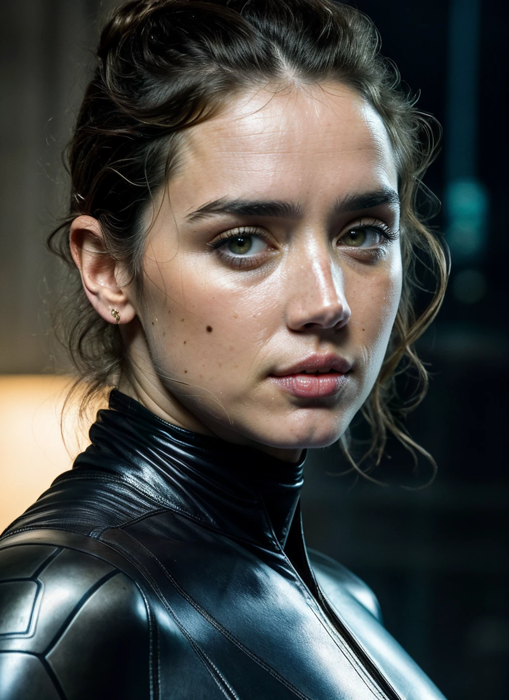 full color sci-fi portrai photo of a stunning intricate 30 year old sks woman wearing cyber leather armor, illustration portrait cyberpunk, futuristic neon reflective wear, by Dominique Issermann, natural lighting, ((metart)) <lora:skin_slider_v2_1_FACE:0.7>, Detailed render, sci-fi, robot parts, ismail inceoglu dragan bibin rene margitte illustrated, perfect face, ((tattoo)), matte skin, pores, wrinkles, hyperdetailed, hyperrealistic, Moody Lighting, Hasselblad Award Winner, Soft Diffuse Lighting, Smirk, machine face, fine details, realistic shaded, intricate, elegant,, ana de armas <lora:lora-small-ana-de-armas-v1:0.2> <lora:locon_anadearmas_v1_from_v1_64_32:0.4> anadearmas-ti