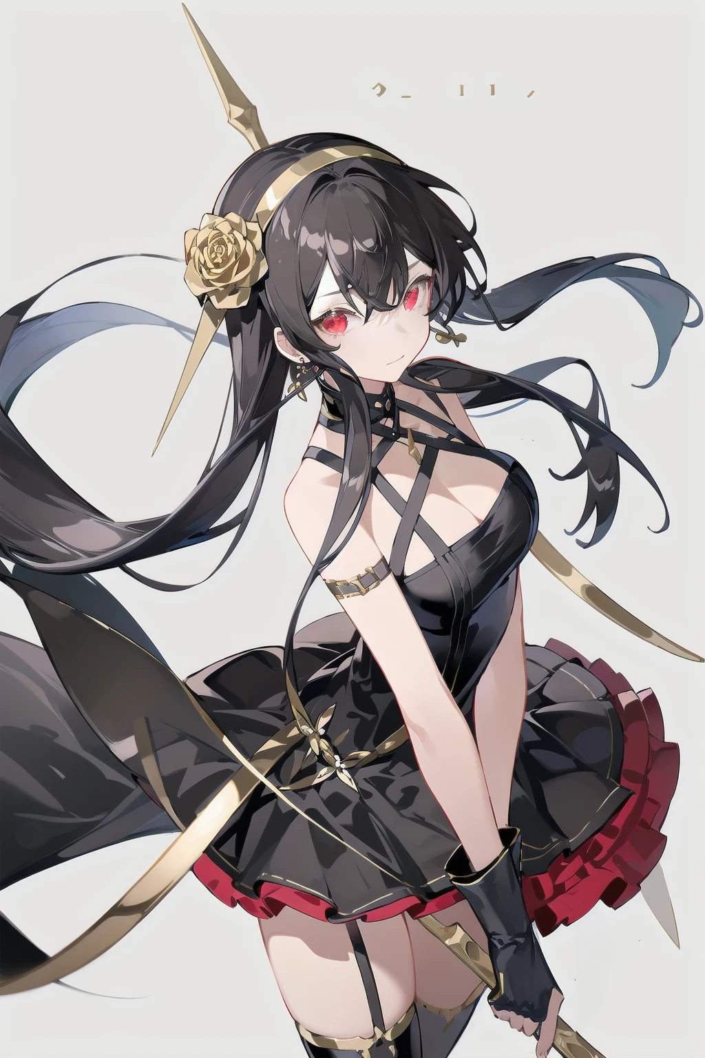 -siki, 1girl, yor briar, solo, breasts, dress, red eyes, hairband, black hair, black dress, weapon, gloves, gold hairband, holding, thighhighs, hair ornament, fingerless gloves, cleavage, flower, looking at viewer, holding weapon, black gloves, large breasts, jewelry, two-sided dress, earrings, two-sided fabric, bare shoulders, sidelocks, hair flower, simple background, black thighhighs, dagger, closed mouth, rose, long hair, bangs, white background, knife, cowboy shot, dual wielding, gold earrings, hair between eyes<lora:siki-000018:0.8>,
