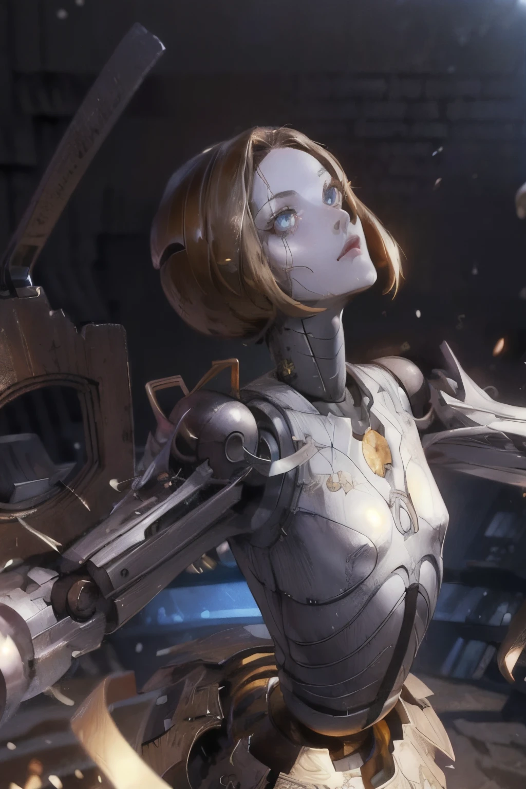 woman mad sword, Futuristic Cyborg goddes. By Frank Lloyd Wright, by  Rembrandt multiplicated,  concept art, inrincate, sharp focus, digital painting, unreal engine, cgsociety, neoclassical, mech, robot, fractal flame, cinematic, overwatch skin, highly detailded