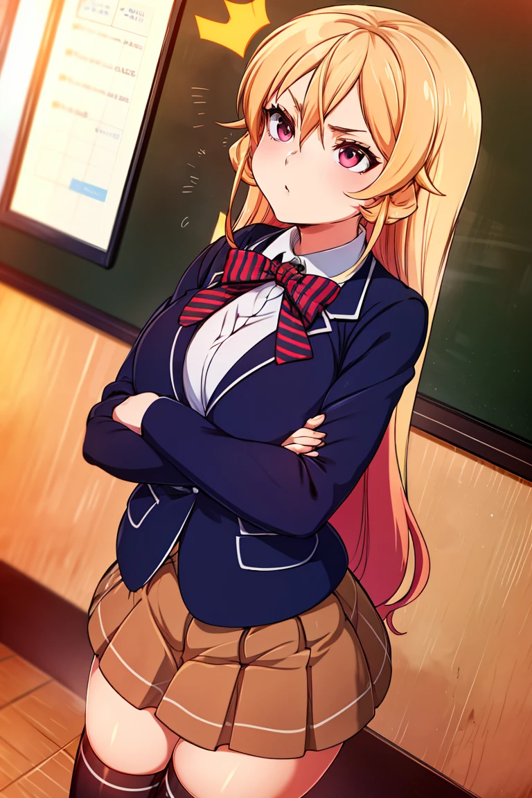 <lora:Merunyaa_Style_Dim32:0.8>, masterpiece, best quality, highres, aaerina, long hair, red bow, striped bow, blazer, blue jacket, long sleeves, plaid skirt, brown skirt, black thighhighs, <lora:nakiri_erina_v1:0.7>, crossed arms, indoors, classroom