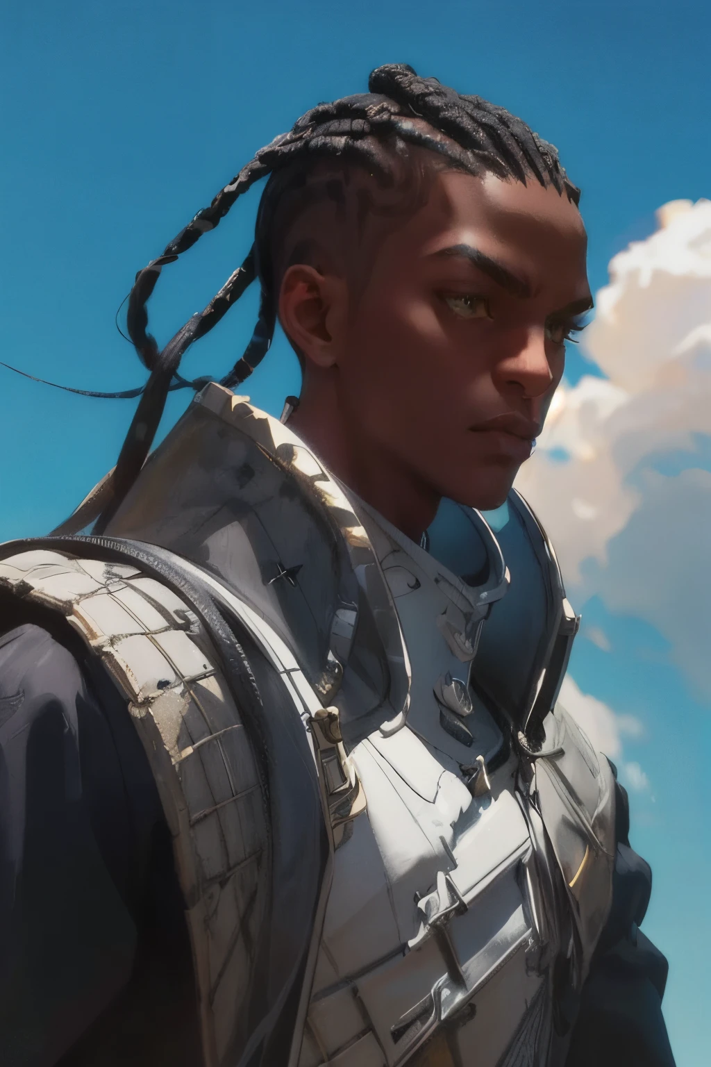 depth of the field, (best quality:1.3), ultra detailed, masterpiece, 8k, (extremely detailed:1.2), perfect shadow effect, solo, rich description of the face, full features, highres, perfect shadow effect, side lighting, correct facial proportions, right body structure, detailed characterization, Golden ratio, perfect anatomy, ((small nose)), pointed face, (masterpiece),  1 boy, <lora:20231218-1702875330710:1>, Brown skin, dreadlocks, man focus, blue sky, cloud, sunlight, from the front