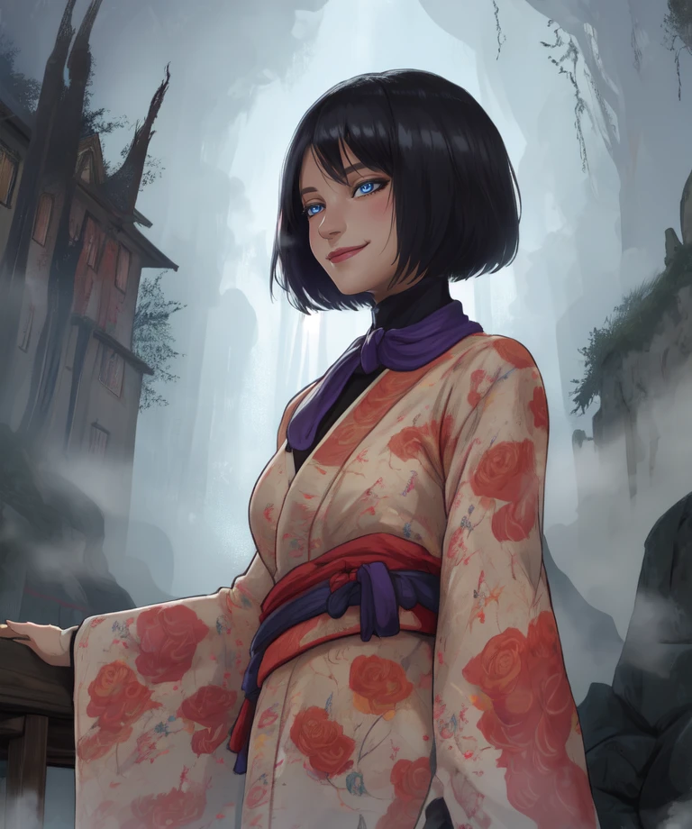 Orin,blue eyes,black hair,
floral print,kimono,long sleeves,chin strap,smile,
standing,upper body,
night,village,fog,
(insanely detailed, masterpiece, best quality),<lora:Orin:0.8>,