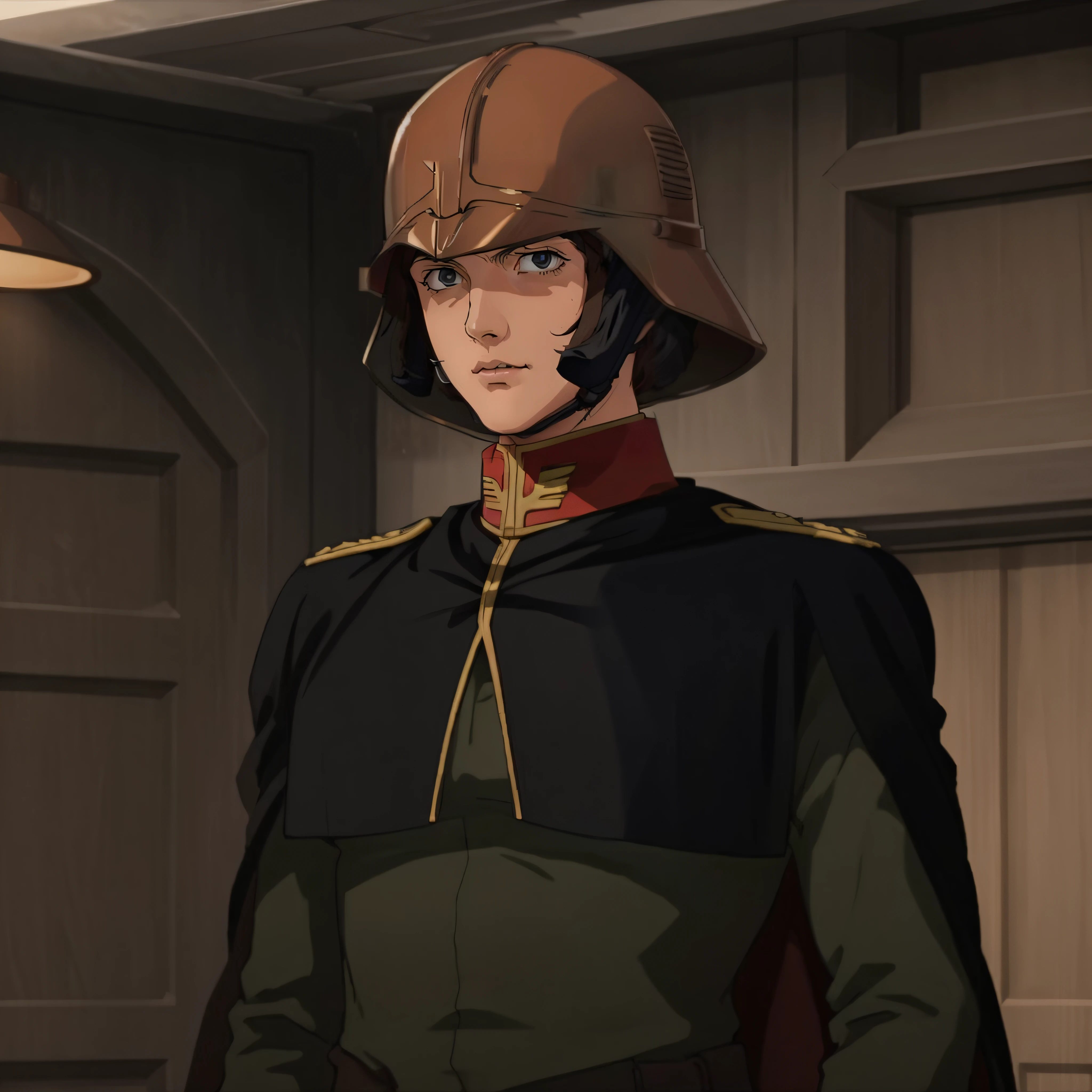 photorealistic, cinematic, <lora:zeon officer:0.8>, zeon officer, uniform, man, helmet, short black cape