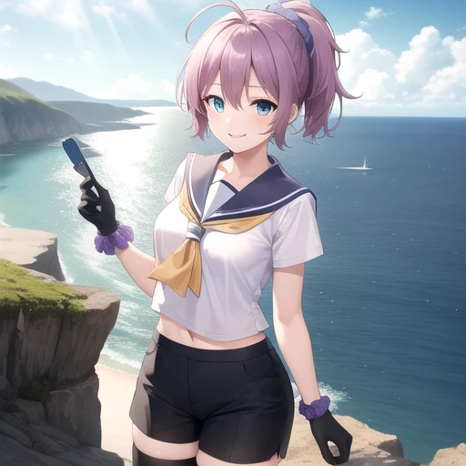((masterpiece)),(best quality),official art,extremely detailed CG,unity 8k wallpaper,ultra detailed,A lighthouse on a cliff by the sea,1girl,solo,cowboy shot,short_hair,blue_eyes,ponytail,black_thighhighs,purple_sailor_collar,school_uniform,black_gloves,serafuku,blue_scrunchie,black_thighhighs,smile,looking_at_viewer,purple_hair,yellow_neckerchief,purple_shorts,loafers,<lora:Aoba(kan)>,